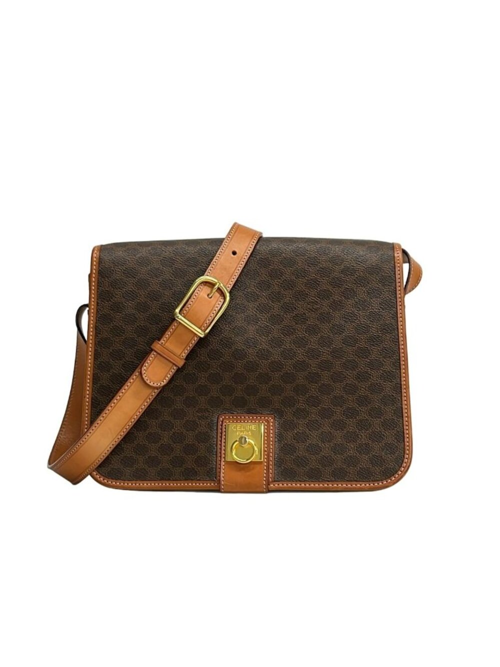 Celine Shoulder Bag Macadam Dark Brown Beige Leather